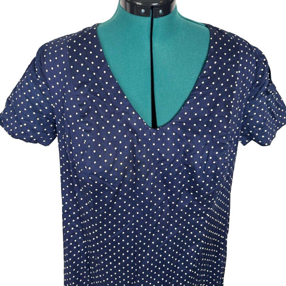 Vintage 60s Navy Blue Polka Dot Raw Silk Shift Dress Plus Size XL 1X Mod V-Neck